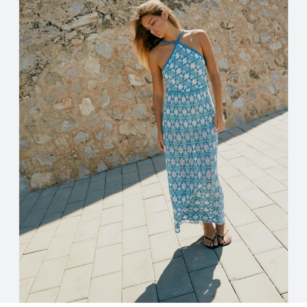 Zara Blue and White Crochet Halter Dress